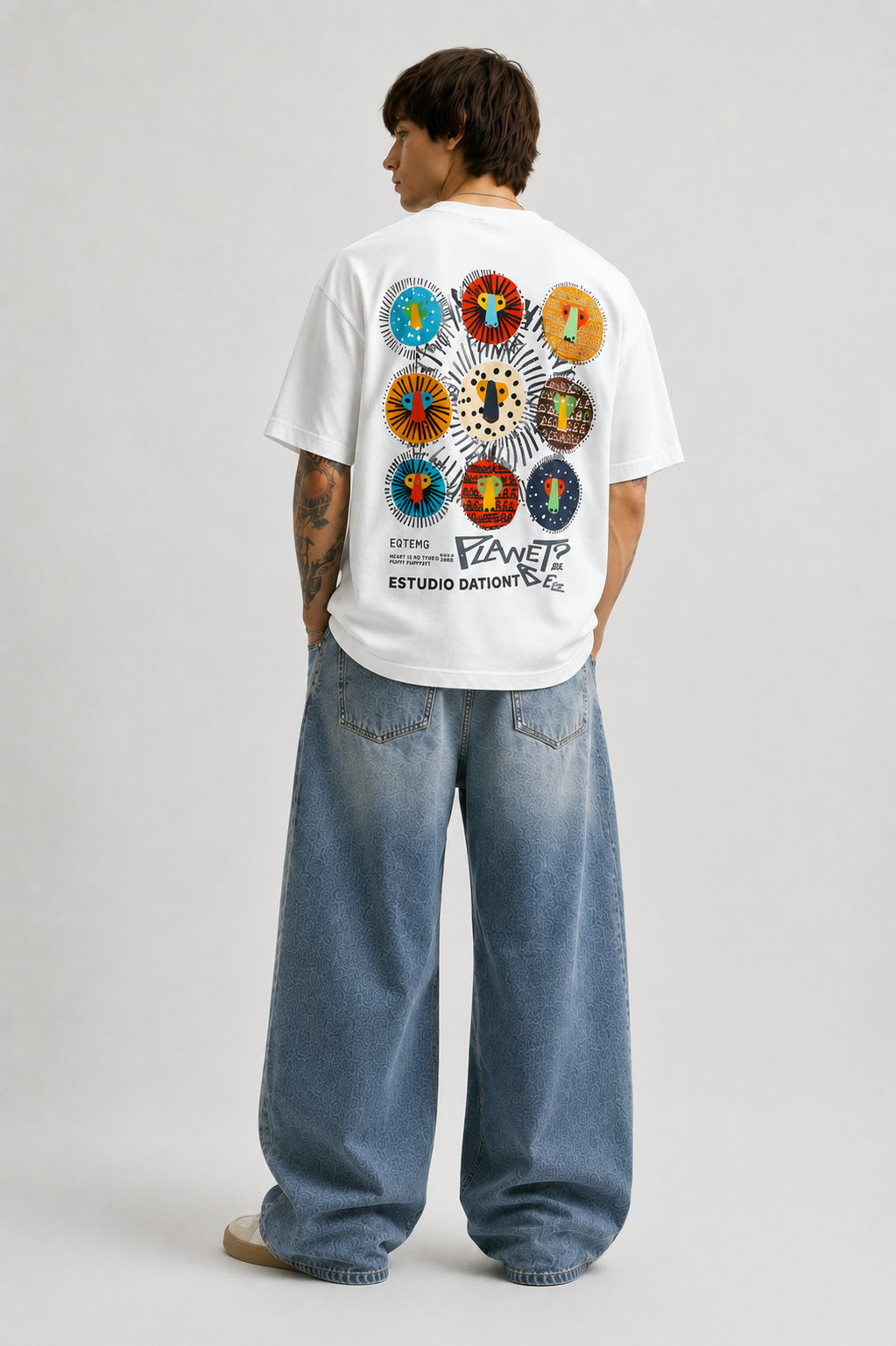Primal Faces Patchwork Oversized T-Shirt – White - View 4