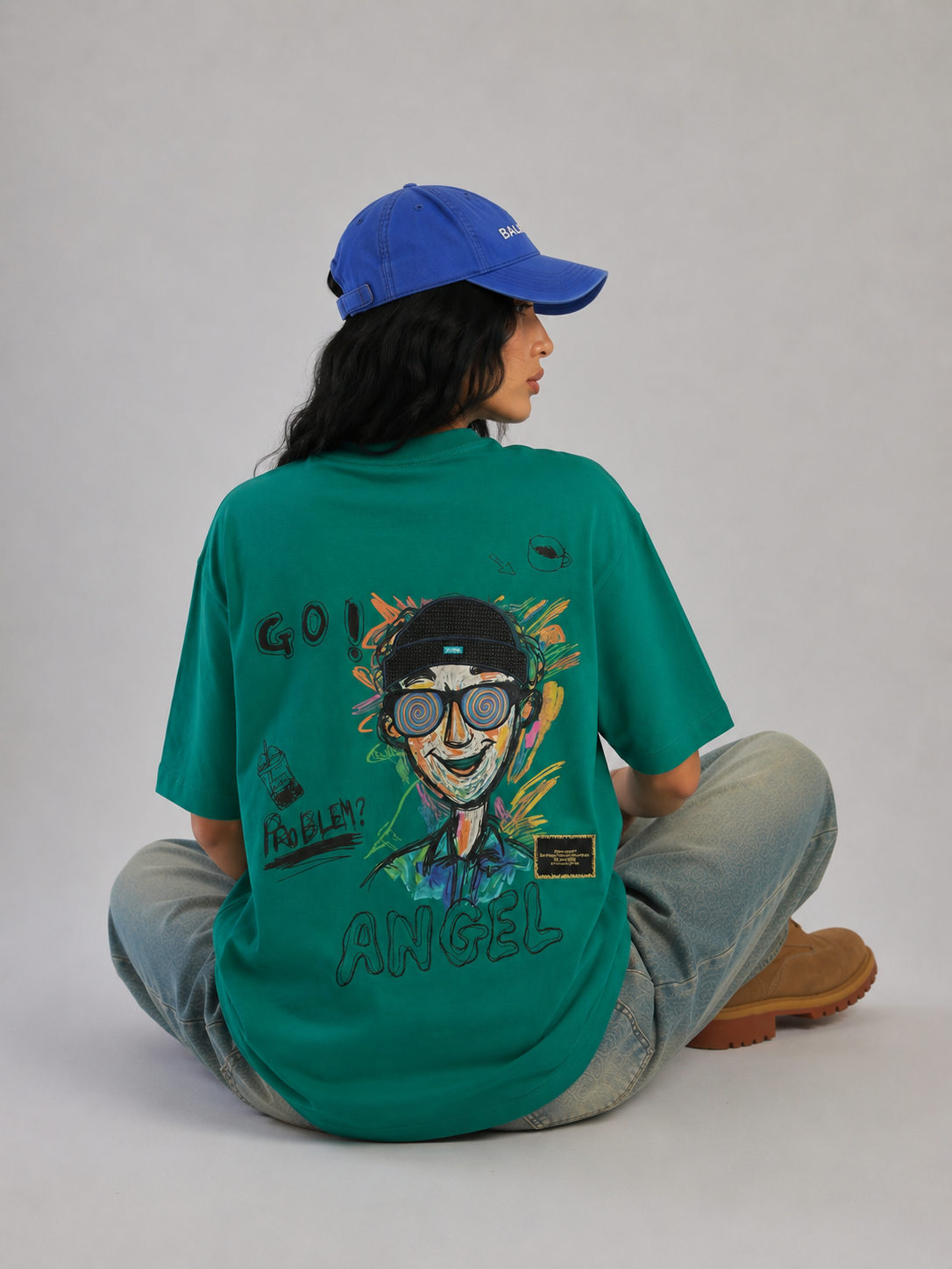ANGEL Embroidered Patchwork Oversized T-Shirt – Emerald Green - View 3