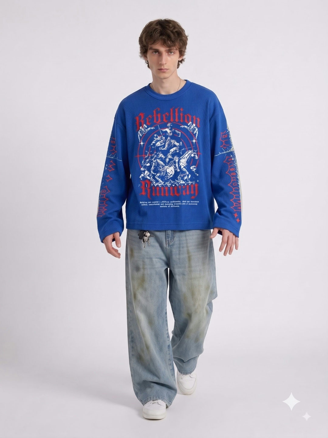 Rebellion Oversized Waffle Full Sleeves T-Shirt – Royal Blue - View 4
